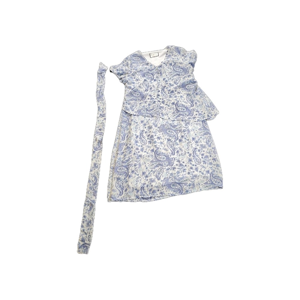 Mary McFadden Blue Paisley Chiffon Midi Dress Flutter Sleeve V-Neck Size L